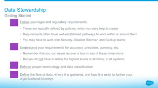 Getting Started
Data Stewardship
​Follow your legal and regulatory requirements:
• These are typically defined by policies, which you may help to create
• Requirements often have well-established pathways to work within or around them
• You may have to work with Security, Disaster Recover, and Backup teams
​Understand your requirements for accuracy, precision, currency, etc.
• Remember that you can never recover a loss in any of these dimensions
• But you do not have to retain the highest levels at all times, in all systems
​Enforce proper terminology and data classification
​Define the flow of data, where it is gathered, and how it is used to further your
organizational strategy
 