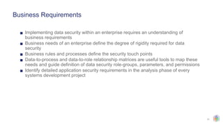 31
Business Requirements
▪ Implementing data security within an enterprise requires an understanding of
business requirements
▪ Business needs of an enterprise define the degree of rigidity required for data
security
▪ Business rules and processes define the security touch points
▪ Data-to-process and data-to-role relationship matrices are useful tools to map these
needs and guide definition of data security role-groups, parameters, and permissions
▪ Identify detailed application security requirements in the analysis phase of every
systems development project
 