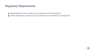 32
Regulatory Requirements
▪ Organisations must comply with a growing set of regulations
▪ Some regulations impose security controls on information management
 