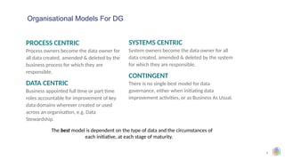 4
PROCESS CENTRIC
Process owners become the data owner for
all data created, amended & deleted by the
business process for which they are
responsible.
DATA CENTRIC
Business appointed full time or part time
roles accountable for improvement of key
data domains wherever created or used
across an organisation, e.g. Data
Stewardship.
Organisational Models For DG
SYSTEMS CENTRIC
System owners become the data owner for all
data created, amended & deleted by the system
for which they are responsible.
CONTINGENT
There is no single best model for data
governance, either when initiating data
improvement activities, or as Business As Usual.
The best model is dependent on the type of data and the circumstances of
each initiative, at each stage of maturity.
 