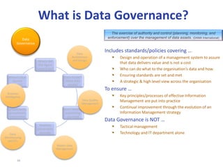 11
WHAT IS INFORMATION MANAGEMENT?
“The management of information”
• No prizes here
“A set of principles to derive maximum
value from an organisation’s information”
• It’s about deriving real value from information,
not just storing data for data’s sake
“A set of principles to derive maximum value from an organisation’s information,
whilst protecting it as a key corporate asset”
• If the information is valuable it needs to be treated as such
“The execution of a set of principles and processes to derive maximum value from an
organisation’s information, whilst protecting it as a key corporate asset”
• There’s no point in the theory, if it’s not put into practice!!!
 