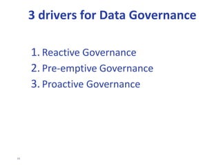 15
DATA GOVERNANCE
• DRIVERS FOR &
BENEFITS OF
DATA GOVERNANCE
 