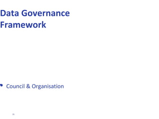 25
DG CONTEXT IN INFORMATION ARCHITECTURE
FRAMEWORK
Master Data MI/BI Data
Transaction
Data
Structured
Technical
Data
Unstructured
Data
Models / Taxonomy Catalog / Meta data
Distribution &
Infrastructure
Services
Quality
Lifecycle
Management
Governance
Information
Planning
Goals
Principles
1
2 3
4 5 6
7 8
9 10 11 12 13
0
1
2
3
4
5
IM Principles
Data
Governance
IM Planning
Data Quality
IM Lifecycle
Management
Integration &
Access
Models &
Taxonomy
Catalog &
Metadata
Master Data
Management
Business
Intelligence
To-Be
As-Is
13 components containing ...
• Principles & rationale
• Maturity model
• Detailed methodology
• Tools & templates
• Example business cases
 