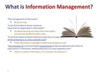 9
“Organisations that do not
understand the overwhelming
importance of managing
information as tangible assets in
the new economy will not survive.”
Tom Peters
Data and information are the
lifeblood of the 21st century
economy. In the Information Age,
data is recognized as a vital
enterprise asset.
The Data Management Association
(DAMA International) is the Premiere
organization for data professionals
worldwide. DAMA International is an
international not-for-profit
membership organization, with over
10,000 members in 40 chapters
around the globe. Its purpose is to
promote the understanding,
development, and practice of
managing data and information to
support business strategies.
Data
Architecture
Management
Database
Operations
Management
Reference &
Master Data
Management
DW & BI
Management
Document
& Content
Management
Meta-data
Management
Data
Quality
Management
Data
Governance
Data
Modelling &
Data
Development
Data Security
& Risk
Management
 
