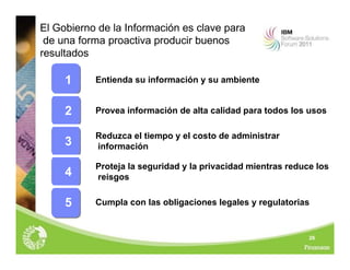 26
El Gobierno de la Información es clave para
de una forma proactiva producir buenos
resultados
Cumpla con las obligaciones legales y regulatorias
5
Proteja la seguridad y la privacidad mientras reduce los
reisgos
4
Reduzca el tiempo y el costo de administrar
información
3
Provea información de alta calidad para todos los usos
2
Entienda su información y su ambiente
1
 