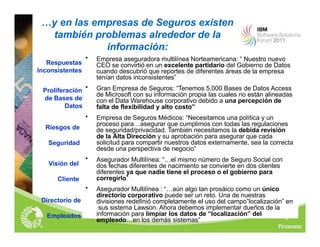 6
• Empresa aseguradora multilínea Norteamericana: “ Nuestro nuevo
CEO se convirtió en un excelente partidario del Gobierno de Datos
cuando descubrió que reportes de diferentes áreas de la empresa
tenían datos inconsistentes”
• Gran Empresa de Seguros: “Tenemos 5,000 Bases de Datos Access
de Microsoft con su información propia las cuales no están alineadas
con el Data Warehouse corporativo debido a una percepción de
falta de flexibilidad y alto costo”
• Empresa de Seguros Médicos: “Necesitamos una política y un
proceso para…asegurar que cumplimos con todas las regulaciones
de seguridad/privacidad. También necesitamos la debida revisión
de la Alta Dirección y su aprobación para asegurar que cada
solicitud para compartir nuestros datos externamente, sea la correcta
desde una perspectiva de negocio”
• Asegurador Multilínea: “…el mismo número de Seguro Social con
dos fechas diferentes de nacimiento se convierte en dos clientes
diferentes ya que nadie tiene el proceso o el gobierno para
corregirlo”
• Asegurador Multilínea : “…aún algo tan prosáico como un único
directorio corporativo puede ser un reto. Una de nuestras
divisiones redefinió completamente el uso del campo”localización” en
sus sistema Lawson. Ahora debemos implementar dueños de la
información para limpiar los datos de “localización” del
empleado…en los demás sistemas”
6
…y en las empresas de Seguros existen
también problemas alrededor de la
información:
Directorio de
Empleados
Visión del
Cliente
Riesgos de
Seguridad
Proliferación
de Bases de
Datos
Respuestas
Inconsistentes
 