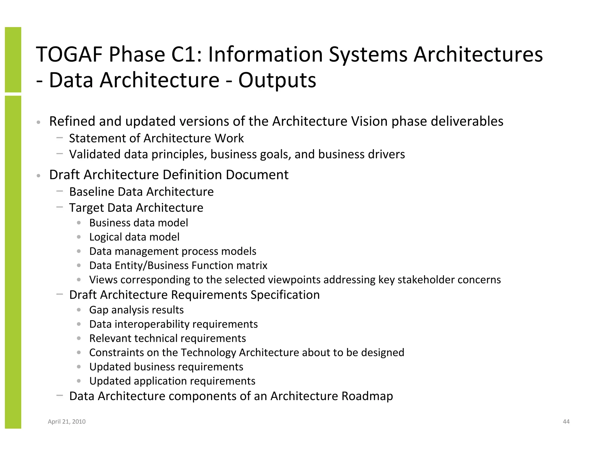 TOGAF Phase C1: Information Systems Architectures
- Data Architecture - Outputs
•   Refined and updated versions of the Architecture Vision phase deliverables
      − Statement of Architecture Work
      − Validated data principles, business goals, and business drivers
•   Draft Architecture Definition Document
      − Baseline Data Architecture
      − Target Data Architecture
              •      Business data model
              •      Logical data model
              •      Data management process models
              •      Data Entity/Business Function matrix
              •      Views corresponding to the selected viewpoints addressing key stakeholder concerns
      − Draft Architecture Requirements Specification
              •      Gap analysis results
              •      Data interoperability requirements
              •      Relevant technical requirements
              •      Constraints on the Technology Architecture about to be designed
              •      Updated business requirements
              •      Updated application requirements
      − Data Architecture components of an Architecture Roadmap
    April 21, 2010                                                                                        44
 