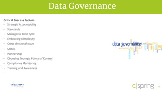 vision for successData Governance
10
Critical Success Factors
• Strategic Accountability
• Standards
• Managerial Blind Spot
• Embracing complexity
• Cross-divisional Issue
• Metric
• Partnership
• Choosing Strategic Points of Control
• Compliance Monitoring
• Training and Awareness
 