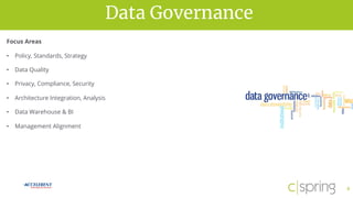 vision for successData Governance
8
Focus Areas
• Policy, Standards, Strategy
• Data Quality
• Privacy, Compliance, Security
• Architecture Integration, Analysis
• Data Warehouse & BI
• Management Alignment
 