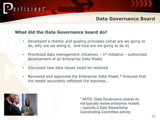 Data Governance Board

What did the Data Governance board do?

   •   Developed a charter and guiding principles (what are we going to
       do, why are we doing it, and how are we going to do it)

   •   Prioritized data management initiatives – 1st initiative - authorized
       development of an Enterprise Data Model

   •   Discussed how data issues could be resolved

   •   Reviewed and approved the Enterprise Data Model.* Ensured that
       the model accurately reflected the business…




                                     * NOTE: Data Governance boards do
                                     not typically review enterprise models
                                     – typically a Data Stewardship
                                     Coordinating Committee activity
                                                                               12
 