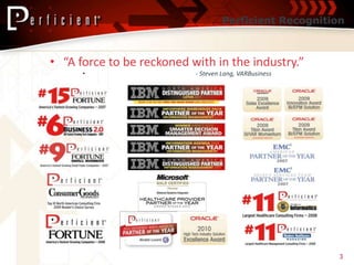 Perficient Recognition



• “A force to be reckoned with in the industry.”
      •                    - Steven Lang, VARBusiness




                                                         3
 