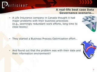 A real-life best case Data
                                       Governance scenario…
• A Life Insurance company in Canada thought it had
  major problems with their business processes
  (e.g., seemingly redundant work efforts, long time to
  close books)



• They started a Business Process Optimization effort…



• And found out that the problem was with their data and
  their information environment!!




                                                              7
 