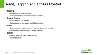 Page25 © Hortonworks Inc. 2011 – 2014. All Rights Reserved
Audit, Tagging and Access Control
• Tagging
– Allows custom tags in entities
– Can decorate process entities pipeline names
• Access Control
– Support for ACL in entities
– Authorization driven based on ACLs in entities
• Audit
– Each execution is controlled by Falcon and runs are audited
– Correlate the execution with Lineage (Design)
• Search
– Search based on Tags, Pipelines, etc.
– Full-text search
 