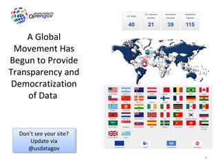 A Global
 Movement Has
Begun to Provide
Transparency and
 Democratization
    of Data


  Don’t see your site?
  Don’t see your site?
      Update via
       Update via
     @usdatagov
     @usdatagov
                         8
 
