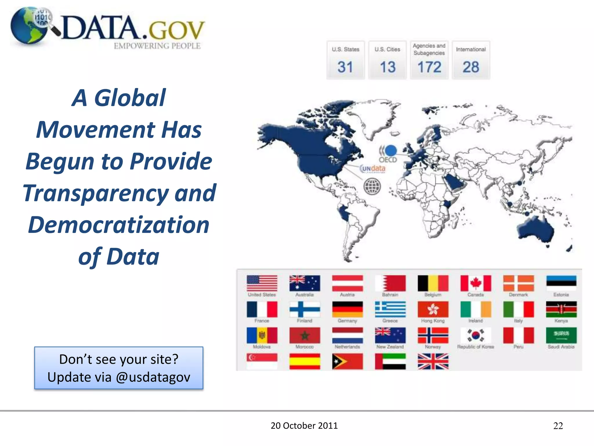 A Global
 Movement Has
Begun to Provide
Transparency and
 Democratization
     of Data


   Don’t see your site?
  Update via @usdatagov


                          20 October 2011   22
 