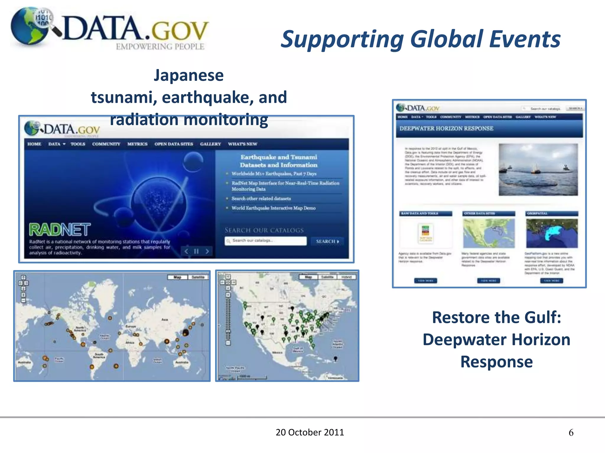Supporting Global Events
         Japanese
tsunami, earthquake, and
   radiation monitoring




                                         Restore the Gulf:
                                        Deepwater Horizon
                                            Response


                      20 October 2011                    6
 