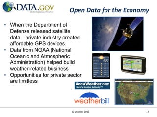 Open Data for the Economy

• When the Department of
  Defense released satellite
  data…private industry created
  affordable GPS devices
• Data from NOAA (National
  Oceanic and Atmospheric
  Administration) helped build
  weather-related business
• Opportunities for private sector
  are limitless




                             20 October 2011        13
 