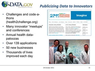 Publicizing Data to Innovators
• Challenges and code‐a-
  thons
  (health2challenge.org)
• Many innovator “meetups”
  and conferences
• Annual health data-
  paloozas
• Over 139 applications
• 50 new businesses
• Thousands of lives
  improved each day


                             20 October 2011       14
 