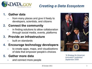 Creating a Data Ecosystem

1. Gather data
  –   from many places and give it freely to
      developers, scientists, and citizens
2. Connect the community
  –   in finding solutions to allow collaboration
      through social media, events, platforms
3. Provide an infrastructure
  –   built on standards
4. Encourage technology developers
  –   to create apps, maps, and visualizations
      of data that empower people’s choices
                                                    “A Strategy for American
5. Gather more data                                 Innovation” published
  –   and connect more people                       September 2009


                                 20 October 2011                               3
 