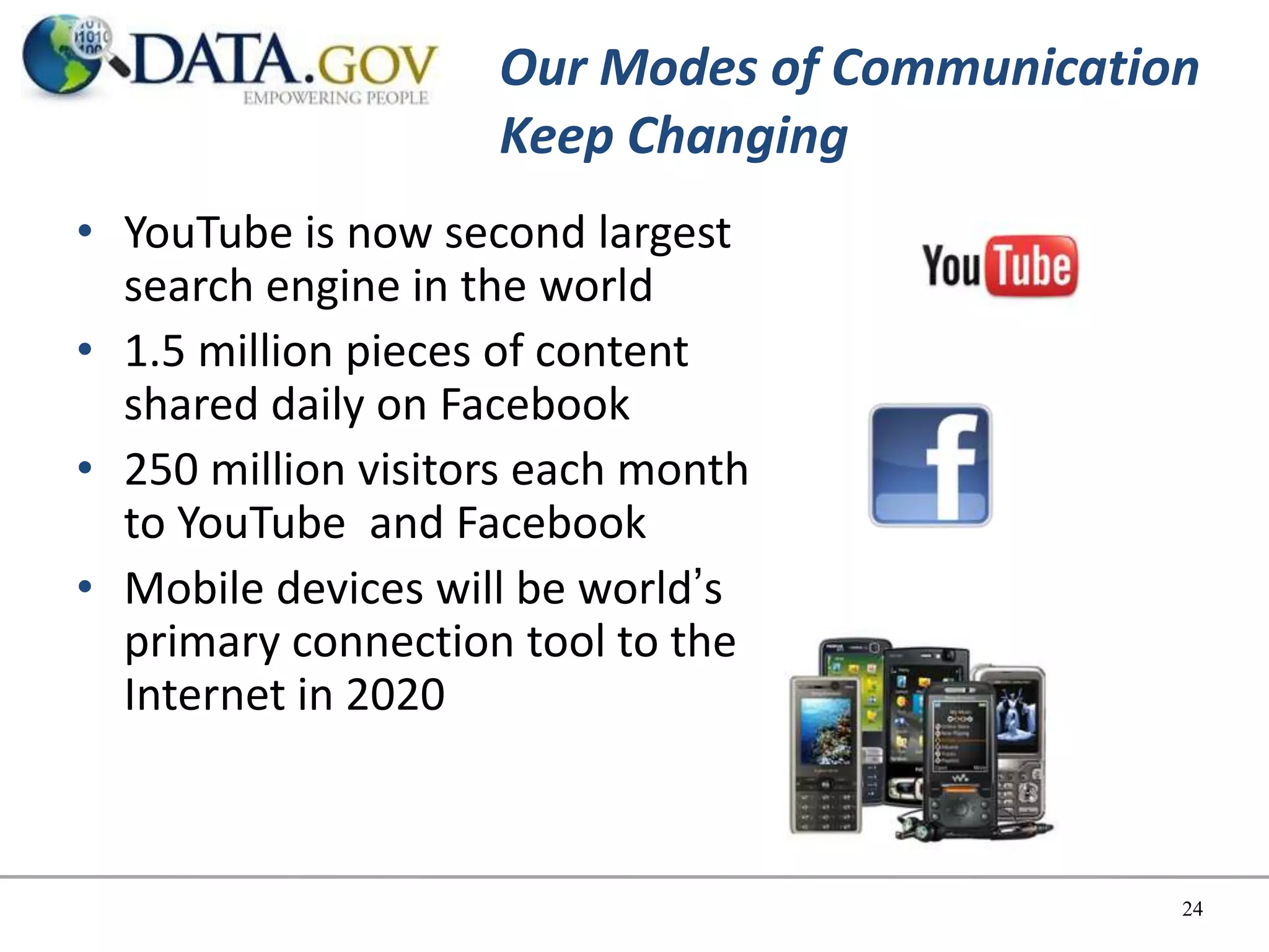 Our Modes of Communication
                    Keep Changing
• YouTube is now second largest
  search engine in the world
• 1.5 million pieces of content
  shared daily on Facebook
• 250 million visitors each month
  to YouTube and Facebook
• Mobile devices will be world’s
  primary connection tool to the
  Internet in 2020



                                             24
 