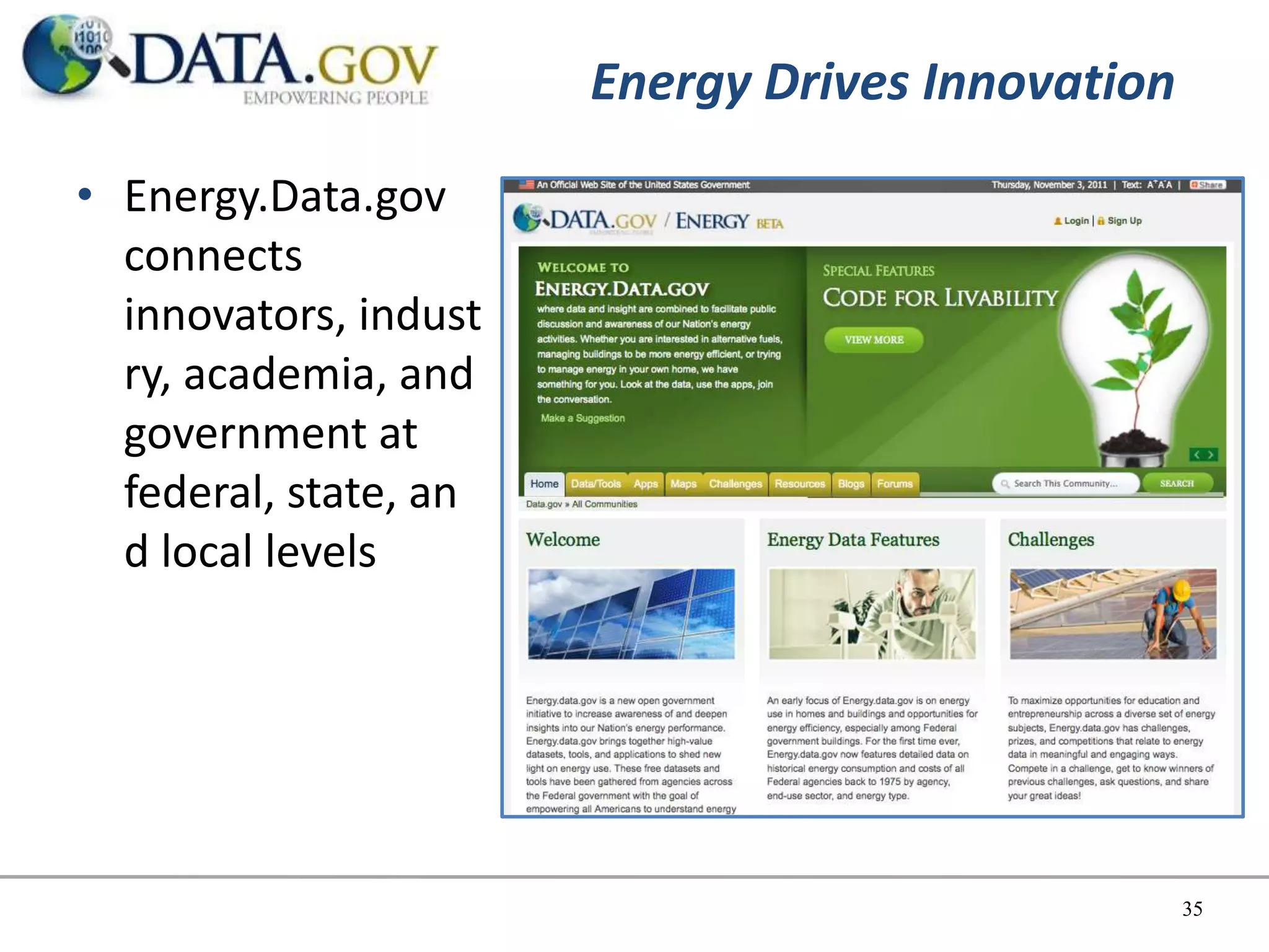 Energy Drives Innovation
• Energy.Data.gov
  connects
  innovators, indust
  ry, academia, and
  government at
  federal, state, an
  d local levels




                                                  35
 