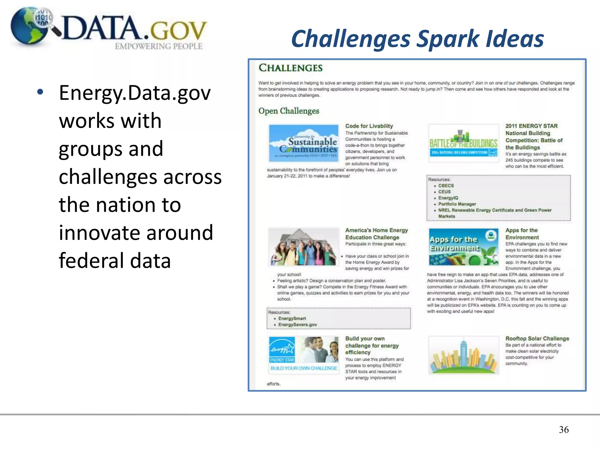 Challenges Spark Ideas
• Energy.Data.gov
  works with
  groups and
  challenges across
  the nation to
  innovate around
  federal data




                                               36
 