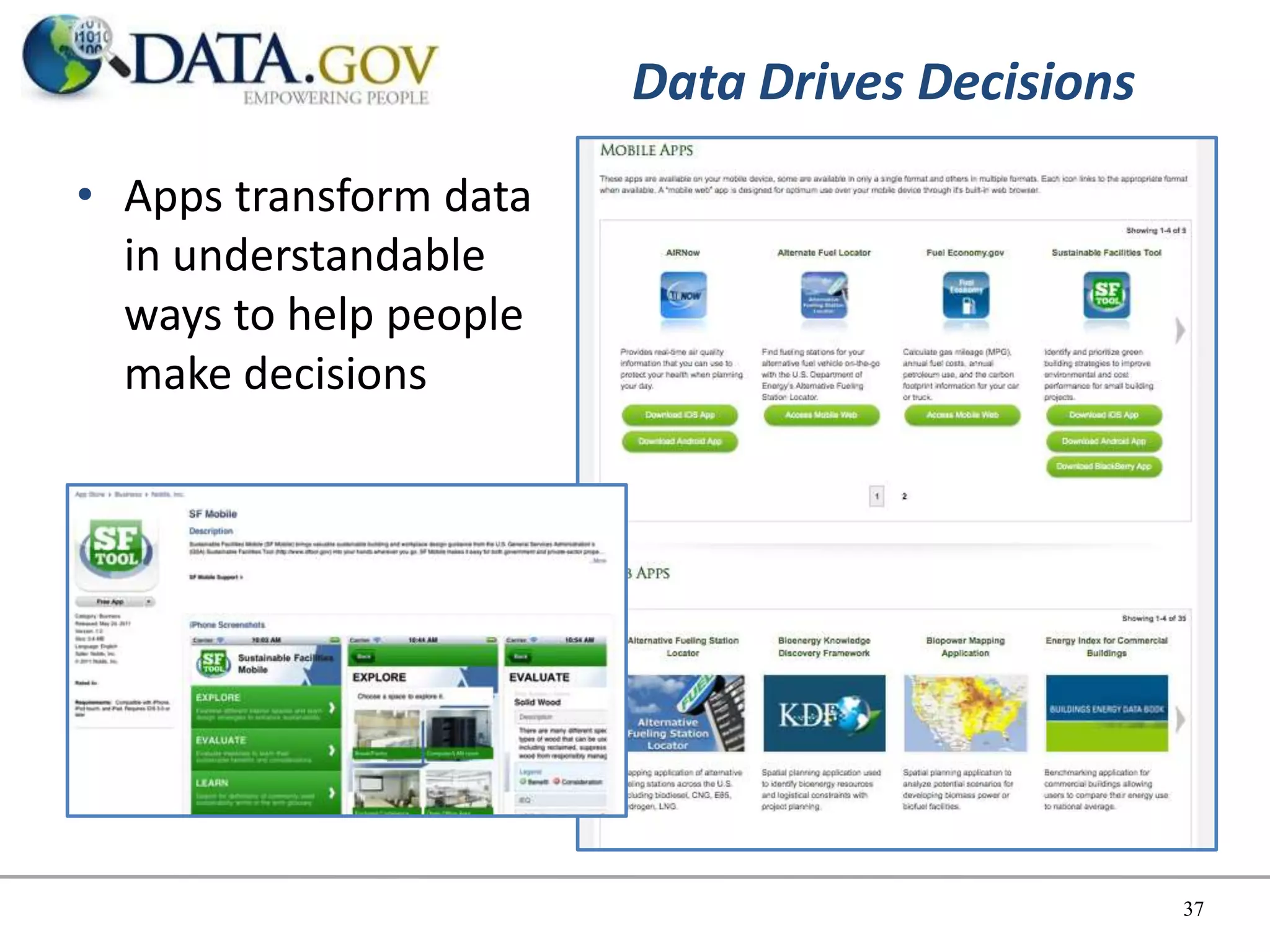 Data Drives Decisions
• Apps transform data
  in understandable
  ways to help people
  make decisions




                                                37
 