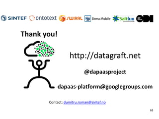 http://datagraft.net
@dapaasproject
dapaas-platform@googlegroups.com
Thank you!
63
Contact: dumitru.roman@sintef.no
 
