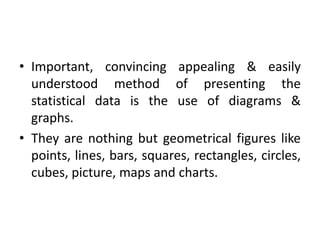 • Important, convincing appealing & easily
understood method of presenting the
statistical data is the use of diagrams &
graphs.
• They are nothing but geometrical figures like
points, lines, bars, squares, rectangles, circles,
cubes, picture, maps and charts.
 