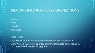 DEEP DIVE INTO RDS – VERSIONS/EDITIONS
• Express
• Web
• Standard
• Enterprise
• 2012 – 2017
• SQL Server 2008 R2 was remo...