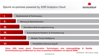 - Vertraulichkeitsstufe: intern -
Splunk on-premise powered by XDR Analytics Cloud
6
DATAGROUP - XDR & Splunk | 2025
IT´s that simple.
Cisco XDR bietet durch Cloud-native Technologien eine leistungsfähige & flexible
Sicherheitslösung mit Mehrwert zu einer on-premise Installation von Splunk SIEM.
I.
II.
III.
IV.
V.
Skalierbarkeit & Performance
Wartung & Betriebskosten
Schnellere Bedrohungserkennung
Automatisierte Reaktion & Orchestrierung
Globale Threat Intelligence
IT´s that simple.
VI. Flexibilität & Remote-Zugriff
 