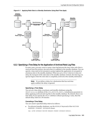 Log Apply Services Configuration Options


Figure 6–1 Applying Redo Data to a Standby Destination Using Real-Time Apply

   Primary
  Database
Transactions
                                                                                                Standby
                                                                                 MRP            Database
                          LGWR                            RFS                    or LSP
                                   Synchronous
                                    Oracle Net


                                                                         (Real Time
                                                                           Apply)


     Online                                          Standby
  Redo Log Files                                   Redo Log Files




               ARCn                                                        ARCn




                                   Archived                       Archived
                                 Redo Log Files                 Redo Log Files


6.2.2 Specifying a Time Delay for the Application of Archived Redo Log Files
                      In some cases, you may want to create a time lag between the time when redo data is
                      received from the primary site and when it is applied to the standby database. You can
                      specify a time interval (in minutes) to protect against the application of corrupted or
                      erroneous data to the standby database. When you set a DELAY interval, it does not
                      delay the transport of the redo data to the standby database. Instead, the time lag you
                      specify begins when the redo data is completely archived at the standby destination.


                                 Note:  If you define a delay for a destination that has real-time
                                 apply enabled, the delay is ignored.


                      Specifying a Time Delay
                      You can set a time delay on primary and standby databases using the
                      DELAY=minutes attribute of the LOG_ARCHIVE_DEST_n initialization parameter to
                      delay applying archived redo log files to the standby database. By default, there is no
                      time delay. If you specify the DELAY attribute without specifying a value, then the
                      default delay interval is 30 minutes.

                      Canceling a Time Delay
                      You can cancel a specified delay interval as follows:
                      ■    For physical standby databases, use the NODELAY keyword of the RECOVER
                           MANAGED STANDBY DATABASE clause:
                           SQL> ALTER DATABASE RECOVER MANAGED STANDBY DATABASE NODELAY;


                                                                                              Log Apply Services     6-3
 