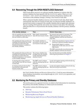 Monitoring the Primary and Standby Databases



8.4 Recovering Through the OPEN RESETLOGS Statement
                    Data Guard allows recovery on a physical standby database to continue after the
                    primary database has been opened with the RESETLOGS option. When an ALTER
                    DATABASE OPEN RESETLOGS statement is issued on the primary database, the
                    incarnation of the database changes, creating a new branch of redo data.
                    When a physical standby database receives a new branch of redo data, Redo Apply
                    automatically takes the new branch of redo data. For physical standby databases, no
                    manual intervention is required if the standby database did not apply redo data past
                    the new resetlogs SCN (past the start of the new branch of redo data). The following
                    table describes how to resynchronize the standby database with the primary database
                    branch.

If the standby database. . .           Then. . .                         Perform these steps. . .
Has not applied redo data past the Redo Apply automatically        No manual intervention is necessary. The
new resetlogs SCN (past the start of takes the new branch of redo. MRP automatically resynchronizes the
the new branch of redo data)                                       standby database with the new branch of
                                                                   redo data.
Has applied redo data past the new The standby database is               1.   Follow the procedure in Section 12.5.1 to
resetlogs SCN (past the start of the recovered in the future of the           flash back a physical standby database.
new branch of redo data) and         new branch of redo data.
                                                                         2.   Restart Redo Apply to continue
Flashback Database is enabled on
                                                                              application of redo data onto new reset
the standby database
                                                                              logs branch.
                                                                         The MRP automatically resynchronizes the
                                                                         standby database with the new branch.
Has applied redo data past the new     The primary database has          Re-create the physical standby database
resetlogs SCN (past the start of the   diverged from the standby         following the procedures in Chapter 3.
new branch of redo data) and           on the indicated primary
Flashback Database is not enabled      database branch.
on the standby database
Is missing intervening archived        The MRP cannot continue           Locate and register missing archived redo log
redo log files from the new branch     until the missing log files are   files from each branch.
of redo data                           retrieved.
Is missing archived redo log files     The MRP cannot continue           Locate and register missing archived redo log
from the end of the previous           until the missing log files are   files from the previous branch.
branch of redo data.                   retrieved.


                    See Oracle Database Backup and Recovery Advanced User's Guide for more information
                    about database incarnations, recovering through an OPEN RESETLOGS operation, and
                    Flashback Database.


8.5 Monitoring the Primary and Standby Databases
                    This section gives you a general overview on where to find information for monitoring
                    the primary and standby databases in a Data Guard environment.
                    This section contains the following topics:
                    ■   Alert Log
                    ■   Dynamic Performance Views (Fixed Views)
                    ■   Monitoring Recovery Progress
                    ■   Monitoring Log Apply Services on Physical Standby Databases



                                                                          Managing a Physical Standby Database       8-13
 
