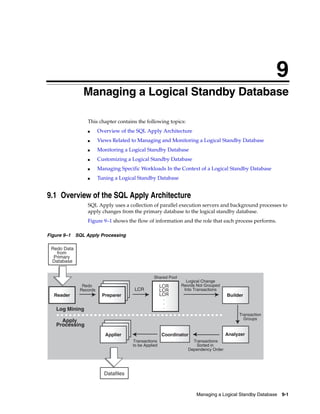 9
              Managing a Logical Standby Database

                This chapter contains the following topics:
                ■      Overview of the SQL Apply Architecture
                ■      Views Related to Managing and Monitoring a Logical Standby Database
                ■      Monitoring a Logical Standby Database
                ■      Customizing a Logical Standby Database
                ■      Managing Specific Workloads In the Context of a Logical Standby Database
                ■      Tuning a Logical Standby Database


9.1 Overview of the SQL Apply Architecture
                SQL Apply uses a collection of parallel execution servers and background processes to
                apply changes from the primary database to the logical standby database.
                Figure 9–1 shows the flow of information and the role that each process performs.

Figure 9–1 SQL Apply Processing

 Redo Data
   from
  Primary
 Database


                                                Shared Pool
                                                                Logical Change
              Redo                                   LCR      Reords Not Grouped
             Records                  LCR            LCR       Into Transactions
  Reader                Preparer                     LCR                            Builder
                                                      .
                                                      .
   Log Mining                                         .
                                                                                         Transaction
     Apply                                                                                 Groups
   Processing
                          Applier                    Coordinator                    Analyzer
                                     Transactions                  Transactions
                                     to be Applied                  Sorted in
                                                                 Dependency Order




                         Datafiles


                                                                     Managing a Logical Standby Database   9-1
 