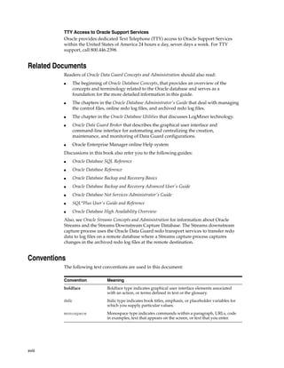 TTY Access to Oracle Support Services
          Oracle provides dedicated Text Telephone (TTY) access to Oracle Support Services
          within the United States of America 24 hours a day, seven days a week. For TTY
          support, call 800.446.2398.


Related Documents
          Readers of Oracle Data Guard Concepts and Administration should also read:
          ■    The beginning of Oracle Database Concepts, that provides an overview of the
               concepts and terminology related to the Oracle database and serves as a
               foundation for the more detailed information in this guide.
          ■    The chapters in the Oracle Database Administrator's Guide that deal with managing
               the control files, online redo log files, and archived redo log files.
          ■    The chapter in the Oracle Database Utilities that discusses LogMiner technology.
          ■    Oracle Data Guard Broker that describes the graphical user interface and
               command-line interface for automating and centralizing the creation,
               maintenance, and monitoring of Data Guard configurations.
          ■    Oracle Enterprise Manager online Help system
          Discussions in this book also refer you to the following guides:
          ■    Oracle Database SQL Reference
          ■    Oracle Database Reference
          ■    Oracle Database Backup and Recovery Basics
          ■    Oracle Database Backup and Recovery Advanced User's Guide
          ■    Oracle Database Net Services Administrator's Guide
          ■    SQL*Plus User's Guide and Reference
          ■    Oracle Database High Availability Overview
          Also, see Oracle Streams Concepts and Administration for information about Oracle
          Streams and the Streams Downstream Capture Database. The Streams downstream
          capture process uses the Oracle Data Guard redo transport services to transfer redo
          data to log files on a remote database where a Streams capture process captures
          changes in the archived redo log files at the remote destination.


Conventions
          The following text conventions are used in this document:

          Convention            Meaning
          boldface              Boldface type indicates graphical user interface elements associated
                                with an action, or terms defined in text or the glossary.
          italic                Italic type indicates book titles, emphasis, or placeholder variables for
                                which you supply particular values.
          monospace             Monospace type indicates commands within a paragraph, URLs, code
                                in examples, text that appears on the screen, or text that you enter.




xviii
 