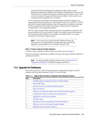 Upgrade the Databases


                    assume that the Payroll department updates an object table, but that
                    department updates the database only Monday through Friday. However, the
                    Customer Service department requires database access 24 hours a day, 7 days
                    a week, but uses only supported data types and tables. In this scenario, you
                    could perform the upgrade over a weekend.
                If you cannot prevent changes to unsupported tables during the upgrade, any
                unsupported transactions that occur are recorded in the DBA_LOGSTDBY_EVENTS
                table on the logical standby database. After the upgrade is completed, you might
                be able to use Oracle Data Pump or the Export/Import utility to import the
                changed tables to the upgraded databases.
                The size of the changed tables will determine how long database operations will
                be unavailable, so you must decide if a table is too large to export and import its
                data into the standby database. For example, a 4-terabyte table is not a good
                candidate for the export/import process.


                    Note:   If you cannot use a logical standby database because the
                    data types in your application are unsupported, then perform the
                    upgrade as documented in Oracle Database Upgrade Guide.


           Step 4 Create a logical standby database
           To create a logical standby database, follow the instructions in Chapter 4.
           Oracle recommends configuring a standby redo log on the logical standby database to
           minimize downtime.


                    Note: If a logical standby database already exists, go to Section 11.5,
                    "Upgrade the Databases" to begin the upgrade procedure.


11.5 Upgrade the Databases
           This section provides a step-by-step procedure for upgrading the logical standby
           database and the primary database. Table 11–1 lists the steps.

           Table 11–1    Step-by-Step Procedure to Upgrade Oracle Database Software
           Step         Description
           1            Stop SQL Apply and upgrade the logical standby database
           2            Restart SQL Apply
           3            Monitor events on the upgraded standby database
           4            Begin a switchover
           5            Determine if unsupported objects were modified during the upgrade
           6            Complete the switchover and activate user applications
           7            Upgrade the former primary database
           8            Start SQL Apply
           9            Optionally, raise the compatibility level on both databases
           10           Monitor events on the new logical standby database
           11           Optionally, perform another switchover




                                                   Using SQL Apply to Upgrade the Oracle Database     11-5
 