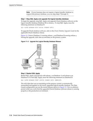 Upgrade the Databases



                             Note:  If your business does not require a logical standby database to
                             support the primary database, you can skip steps 7 through 11.


                  Step 1 Stop SQL Apply and upgrade the logical standby database
                  To begin the upgrade, stop SQL Apply and upgrade Oracle database software on the
                  logical standby database (Database B) to release y. To stop SQL Apply, issue the
                  following statement on Database B:
                  SQL> ALTER DATABASE STOP LOGICAL STANDBY APPLY;

                  To upgrade Oracle database software, refer to the Oracle Database Upgrade Guide for the
                  applicable Oracle Database release.
                  Figure 11–2 shows Database A running release x, and Database B running release y.
                  During the upgrade, redo data accumulates on the primary system.

                  Figure 11–2 Upgrade the Logical Standby Database Release




                                           Database               Database
                                           Release x              Release y

                        Database
                         Clients          A (Primary)             B (Standby)


                  Step 2 Restart SQL Apply
                  Restart SQL Apply and operate with release x on Database A and release y on
                  Database B. To start SQL Apply, issue the following statement on Database B:
                  SQL> ALTER DATABASE START LOGICAL STANDBY APPLY IMMEDIATE;

                  The redo data that was accumulating on the primary system is automatically
                  transmitted and applied on the newly upgraded logical standby database. The Data
                  Guard configuration can run the mixed releases shown in Figure 11–3 for an arbitrary
                  period while you verify that the upgraded Oracle Database software release is running
                  properly in the production environment.




11-6 Oracle Data Guard Concepts and Administration
 