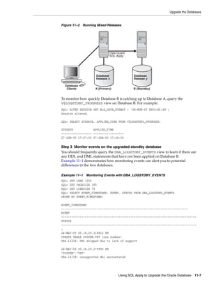 Upgrade the Databases


Figure 11–3 Running Mixed Releases




                             Data Guard
                             SQL Apply




                     Database              Database
                     Release x             Release y

  Database
   Clients          A (Primary)            B (Standby)


To monitor how quickly Database B is catching up to Database A, query the
V$LOGSTDBY_PROGRESS view on Database B. For example:
SQL> ALTER SESSION SET NLS_DATE_FORMAT = 'DD-MON-YY HH24:MI:SS';
Session altered.

SQL> SELECT SYSDATE, APPLIED_TIME FROM V$LOGSTDBY_PROGRESS;

SYSDATE            APPLIED_TIME
------------------ ------------------
27-JUN-05 17:07:06 27-JUN-05 17:06:50

Step 3 Monitor events on the upgraded standby database
You should frequently query the DBA_LOGSTDBY_EVENTS view to learn if there are
any DDL and DML statements that have not been applied on Database B.
Example 11–1 demonstrates how monitoring events can alert you to potential
differences in the two databases.

Example 11–1   Monitoring Events with DBA_LOGSTDBY_EVENTS
SQL> SET LONG 1000
SQL> SET PAGESIZE 180
SQL> SET LINESIZE 79
SQL> SELECT EVENT_TIMESTAMP, EVENT, STATUS FROM DBA_LOGSTDBY_EVENTS
ORDER BY EVENT_TIMESTAMP;

EVENT_TIMESTAMP
---------------------------------------------------------------------------
EVENT
--------------------------------------------------------------------------------
STATUS
--------------------------------------------------------------------------------
…
24-MAY-05 05.18.29.318912 PM
CREATE TABLE SYSTEM.TST (one number)
ORA-16226: DDL skipped due to lack of support

24-MAY-05 05.18.29.379990 PM
"SYSTEM"."TST"
ORA-16129: unsupported dml encountered




                                  Using SQL Apply to Upgrade the Oracle Database   11-7
 