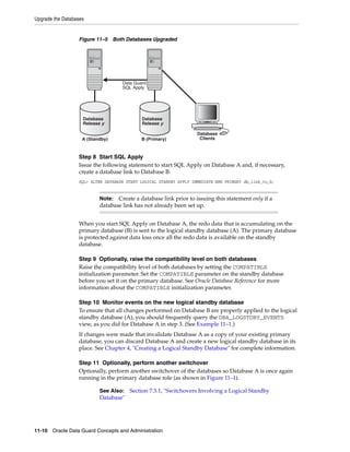 Upgrade the Databases


                  Figure 11–5 Both Databases Upgraded




                                    Data Guard
                                    SQL Apply




                    Database                Database
                    Release y               Release y

                                                                    Database
                    A (Standby)             B (Primary)              Clients



                  Step 8 Start SQL Apply
                  Issue the following statement to start SQL Apply on Database A and, if necessary,
                  create a database link to Database B:
                  SQL> ALTER DATABASE START LOGICAL STANDBY APPLY IMMEDIATE NEW PRIMARY db_link_to_b;


                           Note: Create a database link prior to issuing this statement only if a
                           database link has not already been set up.


                  When you start SQL Apply on Database A, the redo data that is accumulating on the
                  primary database (B) is sent to the logical standby database (A). The primary database
                  is protected against data loss once all the redo data is available on the standby
                  database.

                  Step 9 Optionally, raise the compatibility level on both databases
                  Raise the compatibility level of both databases by setting the COMPATIBLE
                  initialization parameter. Set the COMPATIBLE parameter on the standby database
                  before you set it on the primary database. See Oracle Database Reference for more
                  information about the COMPATIBLE initialization parameter.

                  Step 10 Monitor events on the new logical standby database
                  To ensure that all changes performed on Database B are properly applied to the logical
                  standby database (A), you should frequently query the DBA_LOGSTDBY_EVENTS
                  view, as you did for Database A in step 3. (See Example 11–1.)
                  If changes were made that invalidate Database A as a copy of your existing primary
                  database, you can discard Database A and create a new logical standby database in its
                  place. See Chapter 4, "Creating a Logical Standby Database" for complete information.

                  Step 11 Optionally, perform another switchover
                  Optionally, perform another switchover of the databases so Database A is once again
                  running in the primary database role (as shown in Figure 11–1).

                           See Also: Section 7.3.1, "Switchovers Involving a Logical Standby
                           Database"




11-10 Oracle Data Guard Concepts and Administration
 