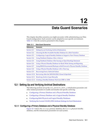 12
                                                     Data Guard Scenarios

             This chapter describes scenarios you might encounter while administering your Data
             Guard configuration. Each scenario can be adapted to your specific environment.
             Table 12–1 lists the scenarios presented in this chapter.

             Table 12–1      Data Guard Scenarios
             Reference       Scenario
             Section 12.1    Setting Up and Verifying Archival Destinations
             Section 12.2    Choosing the Best Available Standby Database for a Role Transition
             Section 12.3    Configuring a Logical Standby Database to Support a New Primary Database
             Section 12.4    Using Flashback Database After a Failover
             Section 12.5    Using Flashback Database After Issuing an Open Resetlogs Statement
             Section 12.6    Using a Physical Standby Database for Read/Write Testing and Reporting
             Section 12.7    Using RMAN Incremental Backups to Roll Forward a Physical Standby Database
             Section 12.8    Using a Physical Standby Database with a Time Lag
             Section 12.9    Recovering From a Network Failure
             Section 12.10 Recovering After the NOLOGGING Clause Is Specified
             Section 12.11   Resolving Archive Gaps Manually
             Section 12.12 Creating a Standby Database That Uses OMF or ASM


12.1 Setting Up and Verifying Archival Destinations
             The following sections set up the LOG_ARCHIVE_DEST_n initialization parameter and
             other related parameters to enable and disable role-specific archiving:
             ■   Configuring a Primary Database and a Physical Standby Database
             ■   Configuring a Primary Database and a Logical Standby Database
             ■   Configuring Both Physical and Logical Standby Databases
             ■   Verifying the Current VALID_FOR Attribute Settings for Each Destination


12.1.1 Configuring a Primary Database and a Physical Standby Database
             Figure 12–1 shows the chicago primary database, the boston physical standby
             database, and the initialization parameters for each system.




                                                                                 Data Guard Scenarios 12-1
 