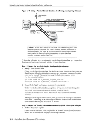 Using a Physical Standby Database for Read/Write Testing and Reporting


                    Figure 12–7 Using a Physical Standby Database As a Testing and Reporting Database


                                                Create Restore
                                            1   Point
                                                               Resync with incremental backup
                                                               or archives from primary
                                                           4
                         Physical   Time                                                          Physical
                         Standby                                                                  Standby
                         Database                                                                 Database

                                    Activate standby   2       Flashback clone to restore point
                                    for testing
                                    Standby >> Clone
                                                           3   Clone >> Standby



                                                                    Read / Write
                                                                     Clone of
                                                                      Primary




                              Caution: While the database is activated, it is not receiving redo data
                              from the primary database and cannot provide disaster protection. It
                              is recommended that there be at least two physical standby databases
                              participating in the configuration so that the primary database
                              remains protected against data loss.


                    Perform the following steps to activate the physical standby database as a production
                    database and later resynchronize it with the primary database.

                    Step 1 Prepare the physical standby database to be activated.
                    1. Set up a flash recovery area.
                          On the physical standby database that will be activated for read/write access, you
                          should set the following initialization parameters to ensure a guaranteed restore
                          point can be created. This scenario sets up the flash recovery area in the
                          /arch/oradata location:
                          SQL> ALTER SYSTEM SET DB_RECOVERY_FILE_DEST_SIZE=20G;
                          SQL> ALTER SYSTEM SET DB_RECOVERY_FILE_DEST='/arch/oradata';

                    2.    Cancel Redo Apply and create a guaranteed restore point.
                          On the physical standby database, stop Redo Apply and create a restore point:
                          SQL> ALTER DATABASE RECOVER MANAGED STANDBY DATABASE CANCEL;
                          SQL> CREATE RESTORE POINT before_application_patch GUARANTEE FLASHBACK
                          DATABASE;

                          When you create a guaranteed restore point, you associate an easy-to-remember
                          name with a timestamp or SCN so that you can later flash back the database to a
                          name instead of specifying an exact SCN or time.

                    Step 2 Prepare the primary database to have the physical standby be diverged.
                    1. Archive the current log file.
                          On the primary database, switch logs so the SCN of the restore point (created in
                          step 1) will be archived on the physical standby database:



12-30 Oracle Data Guard Concepts and Administration
 