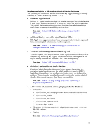 New Features Specific to SQL Apply and Logical Standby Databases
The following list summarizes the new features for SQL Apply and logical standby
databases in Oracle Database 10g Release 2 (10.2):
■   Faster SQL Apply failover
    Failover to a logical standby database can now be completed much faster because
    it is no longer necessary to restart SQL Apply as a part of the failover operation.
    This enables the Data Guard configuration to recover from a failure or outage
    much faster, increasing the availability of the system.

        See Also: Section 7.3.2, "Failovers Involving a Logical Standby
        Database"

■   Additional datatype support for Index Organized Tables
    SQL Apply now supports mining of redo records generated by index organized
    tables containing LOB columns and overflow segments.

        See Also: Section 4.1.1, "Determine Support for Data Types and
        Storage Attributes for Tables"

■   Automatic deletion of applied archived redo log files
    Archived log files, once they are applied on the logical standby database, will be
    automatically deleted by SQL Apply. This reduces storage consumption on the
    logical standby database and improves Data Guard manageability.

        See Also:    Section 9.3.2, "Automatic Deletion of Log Files"

■   Optimized creation of logical standby database
    Creation of a logical standby database no longer requires the creation of a
    specialized logical standby control file, which could not be used by RMAN.
    Logical standby databases can now be created easily from a physical standby
    database. This reduces the specialized manual operations for creating a logical
    standby database and improves Data Guard manageability.

        See Also:   Section 4.2, "Step-by-Step Instructions for Creating a
        Logical Standby Database"

■   Added several enhancements for managing logical standby databases:
    –   New views:
        *   V$LOGSTDBY_PROCESS (replaces the deprecated V$LOGSTDBY view)
        *   V$LOGSTDBY_STATE
        *   V$LOGSTDBY_PROGRESS
        *   V$LOGSTDBY_TRANSACTION
        *   V$DATAGUARD_STATS
    –   New DBMS_LOGSTDBY.REBUILD() subprogram on the DBMS_LOGSTDBY
        PL/SQL package
    –   Tracing

        See Also:    Chapter 9, "Managing a Logical Standby Database"



                                                                                      xxiii
 