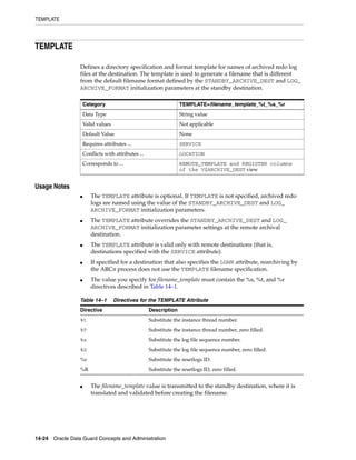 TEMPLATE




TEMPLATE

                 Defines a directory specification and format template for names of archived redo log
                 files at the destination. The template is used to generate a filename that is different
                 from the default filename format defined by the STANDBY_ARCHIVE_DEST and LOG_
                 ARCHIVE_FORMAT initialization parameters at the standby destination.

                     Category                                      TEMPLATE=filename_template_%t_%s_%r
                     Data Type                                     String value
                     Valid values                                  Not applicable
                     Default Value                                 None
                     Requires attributes ...                       SERVICE
                     Conflicts with attributes ...                 LOCATION
                     Corresponds to ...                            REMOTE_TEMPLATE and REGISTER columns
                                                                   of the V$ARCHIVE_DEST view


Usage Notes
                 ■      The TEMPLATE attribute is optional. If TEMPLATE is not specified, archived redo
                        logs are named using the value of the STANDBY_ARCHIVE_DEST and LOG_
                        ARCHIVE_FORMAT initialization parameters.
                 ■      The TEMPLATE attribute overrides the STANDBY_ARCHIVE_DEST and LOG_
                        ARCHIVE_FORMAT initialization parameter settings at the remote archival
                        destination.
                 ■      The TEMPLATE attribute is valid only with remote destinations (that is,
                        destinations specified with the SERVICE attribute).
                 ■      If specified for a destination that also specifies the LGWR attribute, rearchiving by
                        the ARCn process does not use the TEMPLATE filename specification.
                 ■      The value you specify for filename_template must contain the %s, %t, and %r
                        directives described in Table 14–1.

                 Table 14–1         Directives for the TEMPLATE Attribute
                 Directive                           Description
                 %t                                  Substitute the instance thread number.
                 %T                                  Substitute the instance thread number, zero filled.
                 %s                                  Substitute the log file sequence number.
                 %S                                  Substitute the log file sequence number, zero filled.
                 %r                                  Substitute the resetlogs ID.
                 %R                                  Substitute the resetlogs ID, zero filled.


                 ■      The filename_template value is transmitted to the standby destination, where it is
                        translated and validated before creating the filename.




14-24 Oracle Data Guard Concepts and Administration
 