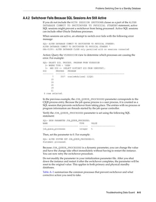 Problems Switching Over to a Standby Database



A.4.2 Switchover Fails Because SQL Sessions Are Still Active
              If you do not include the WITH SESSION SHUTDOWN clause as a part of the ALTER
              DATABASE COMMIT TO SWITCHOVER TO PHYSICAL STANDBY statement, active
              SQL sessions might prevent a switchover from being processed. Active SQL sessions
              can include other Oracle Database processes.
              When sessions are active, an attempt to switch over fails with the following error
              message:
              SQL> ALTER DATABASE COMMIT TO SWITCHOVER TO PHYSICAL STANDBY;
              ALTER DATABASE COMMIT TO SWITCHOVER TO PHYSICAL STANDBY *
              ORA-01093: ALTER DATABASE CLOSE only permitted with no sessions connected

              Action: Query the V$SESSION view to determine which processes are causing the
              error. For example:
              SQL> SELECT SID, PROCESS, PROGRAM FROM V$SESSION
                2> WHERE TYPE = 'USER'
                3> AND SID <> (SELECT DISTINCT SID FROM V$MYSTAT);
              SID        PROCESS   PROGRAM
              --------- -------- ------------------------------------------------
                      7      3537 oracle@nhclone2 (CJQ0)
                     10
                     14
                     16
                     19
                     21
               6 rows selected.

              In the previous example, the JOB_QUEUE_PROCESSES parameter corresponds to the
              CJQ0 process entry. Because the job queue process is a user process, it is counted as a
              SQL session that prevents switchover from taking place. The entries with no process or
              program information are threads started by the job queue controller.
              Verify the JOB_QUEUE_PROCESSES parameter is set using the following SQL
              statement:
              SQL> SHOW PARAMETER JOB_QUEUE_PROCESSES;
              NAME                           TYPE      VALUE
              ------------------------------ -------   --------------------
              job_queue_processes            integer   5

              Then, set the parameter to 0. For example:
              SQL> ALTER SYSTEM SET JOB_QUEUE_PROCESSES=0;
              Statement processed.

              Because JOB_QUEUE_PROCESSES is a dynamic parameter, you can change the value
              and have the change take effect immediately without having to restart the instance.
              You can now retry the switchover procedure.
              Do not modify the parameter in your initialization parameter file. After you shut
              down the instance and restart it after the switchover completes, the parameter will be
              reset to the original value. This applies to both primary and physical standby
              databases.
              Table A–1 summarizes the common processes that prevent switchover and what
              corrective action you need to take.




                                                                       Troubleshooting Data Guard A-5
 