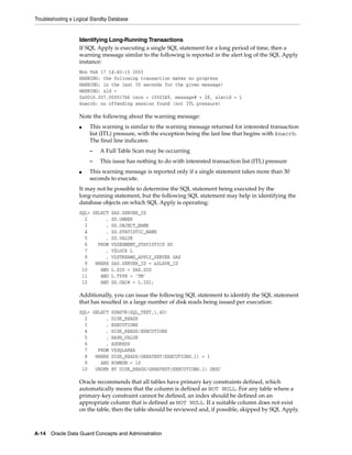 Troubleshooting a Logical Standby Database


                    Identifying Long-Running Transactions
                    If SQL Apply is executing a single SQL statement for a long period of time, then a
                    warning message similar to the following is reported in the alert log of the SQL Apply
                    instance:
                    Mon Feb 17 14:40:15 2003
                    WARNING: the following transaction makes no progress
                    WARNING: in the last 30 seconds for the given message!
                    WARNING: xid =
                    0x0016.007.000017b6 cscn = 1550349, message# = 28, slavid = 1
                    knacrb: no offending session found (not ITL pressure)

                    Note the following about the warning message:
                    ■   This warning is similar to the warning message returned for interested transaction
                        list (ITL) pressure, with the exception being the last line that begins with knacrb.
                        The final line indicates:
                        –    A Full Table Scan may be occurring
                        –    This issue has nothing to do with interested transaction list (ITL) pressure
                    ■   This warning message is reported only if a single statement takes more than 30
                        seconds to execute.
                    It may not be possible to determine the SQL statement being executed by the
                    long-running statement, but the following SQL statement may help in identifying the
                    database objects on which SQL Apply is operating:
                    SQL> SELECT SAS.SERVER_ID
                      2       , SS.OWNER
                      3       , SS.OBJECT_NAME
                      4       , SS.STATISTIC_NAME
                      5       , SS.VALUE
                      6    FROM V$SEGMENT_STATISTICS SS
                      7       , V$LOCK L
                      8       , V$STREAMS_APPLY_SERVER SAS
                      9   WHERE SAS.SERVER_ID = &SLAVE_ID
                     10     AND L.SID = SAS.SID
                     11     AND L.TYPE = 'TM'
                     12     AND SS.OBJ# = L.ID1;

                    Additionally, you can issue the following SQL statement to identify the SQL statement
                    that has resulted in a large number of disk reads being issued per execution:
                    SQL> SELECT SUBSTR(SQL_TEXT,1,40)
                      2       , DISK_READS
                      3       , EXECUTIONS
                      4       , DISK_READS/EXECUTIONS
                      5       , HASH_VALUE
                      6       , ADDRESS
                      7    FROM V$SQLAREA
                      8   WHERE DISK_READS/GREATEST(EXECUTIONS,1) > 1
                      9     AND ROWNUM < 10
                     10   ORDER BY DISK_READS/GREATEST(EXECUTIONS,1) DESC

                    Oracle recommends that all tables have primary key constraints defined, which
                    automatically means that the column is defined as NOT NULL. For any table where a
                    primary-key constraint cannot be defined, an index should be defined on an
                    appropriate column that is defined as NOT NULL. If a suitable column does not exist
                    on the table, then the table should be reviewed and, if possible, skipped by SQL Apply.



A-14 Oracle Data Guard Concepts and Administration
 