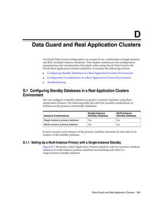 D
      Data Guard and Real Application Clusters

              An Oracle Data Guard configuration can consist of any combination of single-instance
              and RAC multiple-instance databases. This chapter summarizes the configuration
              requirements and considerations that apply when using Oracle Data Guard with
              Oracle Real Application Clusters databases. It contains the following sections:
              ■      Configuring Standby Databases in a Real Application Clusters Environment
              ■      Configuration Considerations in a Real Application Clusters Environment
              ■      Troubleshooting


D.1 Configuring Standby Databases in a Real Application Clusters
Environment
              You can configure a standby database to protect a primary database using Real
              Application Clusters. The following table describes the possible combinations of
              instances in the primary and standby databases:

                                                       Single-Instance             Multi-Instance
                  Instance Combinations                Standby Database            Standby Database
                  Single-instance primary database     Yes                         Yes
                  Multi-instance primary database      Yes                         Yes


              In each scenario, each instance of the primary database transmits its redo data to an
              instance of the standby database.


D.1.1 Setting Up a Multi-Instance Primary with a Single-Instance Standby
              Figure D–1 illustrates a Real Application Clusters database with two primary database
              instances (a multi-instance primary database) transmitting redo data to a
              single-instance standby database.




                                                             Data Guard and Real Application Clusters   D-1
 