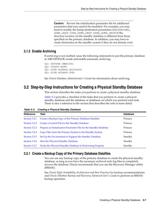 Step-by-Step Instructions for Creating a Physical Standby Database




                               Caution: Review the initialization parameter file for additional
                               parameters that may need to be modified. For example, you may
                               need to modify the dump destination parameters (BACKGROUND_
                               DUMP_DEST, CORE_DUMP_DEST, USER_DUMP_DEST) if the
                               directory location on the standby database is different from those
                               specified on the primary database. In addition, you may have to
                               create directories on the standby system if they do not already exist.


3.1.5 Enable Archiving
                      If archiving is not enabled, issue the following statements to put the primary database
                      in ARCHIVELOG mode and enable automatic archiving:
                      SQL>   SHUTDOWN IMMEDIATE;
                      SQL>   STARTUP MOUNT;
                      SQL>   ALTER DATABASE ARCHIVELOG;
                      SQL>   ALTER DATABASE OPEN;

                      See Oracle Database Administrator's Guide for information about archiving.


3.2 Step-by-Step Instructions for Creating a Physical Standby Database
                      This section describes the tasks you perform to create a physical standby database.
                      Table 3–2 provides a checklist of the tasks that you perform to create a physical
                      standby database and the database or databases on which you perform each task.
                      There is also a reference to the section that describes the task in more detail.

Table 3–2       Creating a Physical Standby Database
Reference         Task                                                                              Database
Section 3.2.1     Create a Backup Copy of the Primary Database Datafiles                            Primary
Section 3.2.2     Create a Control File for the Standby Database                                    Primary
Section 3.2.3     Prepare an Initialization Parameter File for the Standby Database                 Primary
Section 3.2.4     Copy Files from the Primary System to the Standby System                          Primary
Section 3.2.5     Set Up the Environment to Support the Standby Database                            Standby
Section 3.2.6     Start the Physical Standby Database                                               Standby
Section 3.2.7     Verify the Physical Standby Database Is Performing Properly                       Standby


3.2.1 Create a Backup Copy of the Primary Database Datafiles
                      You can use any backup copy of the primary database to create the physical standby
                      database, as long as you have the necessary archived redo log files to completely
                      recover the database. Oracle recommends that you use the Recovery Manager utility
                      (RMAN).
                      See Oracle High Availability Architecture and Best Practices for backup recommendations
                      and Oracle Database Backup and Recovery Advanced User's Guide to perform an RMAN
                      backup operation.




                                                                           Creating a Physical Standby Database        3-7
 