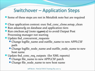 Switchover – Application Steps
Some of these steps are not in Metalink note but are required
Clear application context: exec fnd_conc_clone.setup_clean
Run adautocfg on database and application tiers
Run cmclean.sql (note 134007.1) to avoid Output Post

Processing manager not starting
Update fnd_concurrent_requests
 Change logfile_name and outfile_name to new APPLCSF
path
 Change logfile_node_name and outfile_node_name to new
host name
Update fnd_conc_req_outputs (for XML reports)
 Change file_name to new APPLCSF patch
 Change file_node_name to new host name
Jeff Slavitz - NorCal OAUG Training Day 2010 v3

 