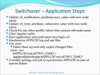 Switchover – Application Steps
Update wf_notification_attributes.text_value with new node

name
Update wf_item_attribute_values.text value with new node
name
Check for any other profile values that contain old node name
Clear Apache cache
Start application and send users new login url
Synchronize APPLCSF log and out files
Use rsync
 Faster than scp and only copies changed files
rsync -avz
$APPLCSF/out/${TWO_TASK}*/ applprod@lnxdrapp1:$APPLCSF/out/${TWO_TASK}*
Consider setting cron job to synchornize APPLCSF in case of
system failure
Jeff Slavitz - NorCal OAUG Training Day 2010 v3

 