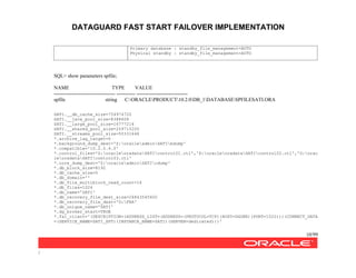 DATAGUARD FAST START FAILOVER IMPLEMENTATION
10/99
/
Primary database : standby_file_management=AUTO
Physical standby : standby_file_management=AUTO
SQL> show parameters spfile;
NAME TYPE VALUE
------------------------------------ ----------- ------------------------------
spfile string C:ORACLEPRODUCT10.2.0DB_1DATABASESPFILESATI.ORA
SATI.__db_cache_size=754974720
SATI.__java_pool_size=8388608
SATI.__large_pool_size=16777216
SATI.__shared_pool_size=209715200
SATI.__streams_pool_size=50331648
*.archive_lag_target=0
*.background_dump_dest='Z:oracleadminSATIbdump'
*.compatible='10.2.0.4.0'
*.control_files='Z:oracleoradataSATIcontrol01.ctl','X:oracleoradataSATIcontrol02.ctl','G:orac
leoradataSATIcontrol03.ctl'
*.core_dump_dest='Z:oracleadminSATIcdump'
*.db_block_size=8192
*.db_cache_size=0
*.db_domain=''
*.db_file_multiblock_read_count=16
*.db_files=1024
*.db_name='SATI'
*.db_recovery_file_dest_size=26843545600
*.db_recovery_file_dest='G:FRA'
*.db_unique_name='SATI'
*.dg_broker_start=TRUE
*.fal_client='(DESCRIPTION=(ADDRESS_LIST=(ADDRESS=(PROTOCOL=TCP)(HOST=DGONE)(PORT=1522)))(CONNECT_DATA
=(SERVICE_NAME=SATI_XPT)(INSTANCE_NAME=SATI)(SERVER=dedicated)))'
 